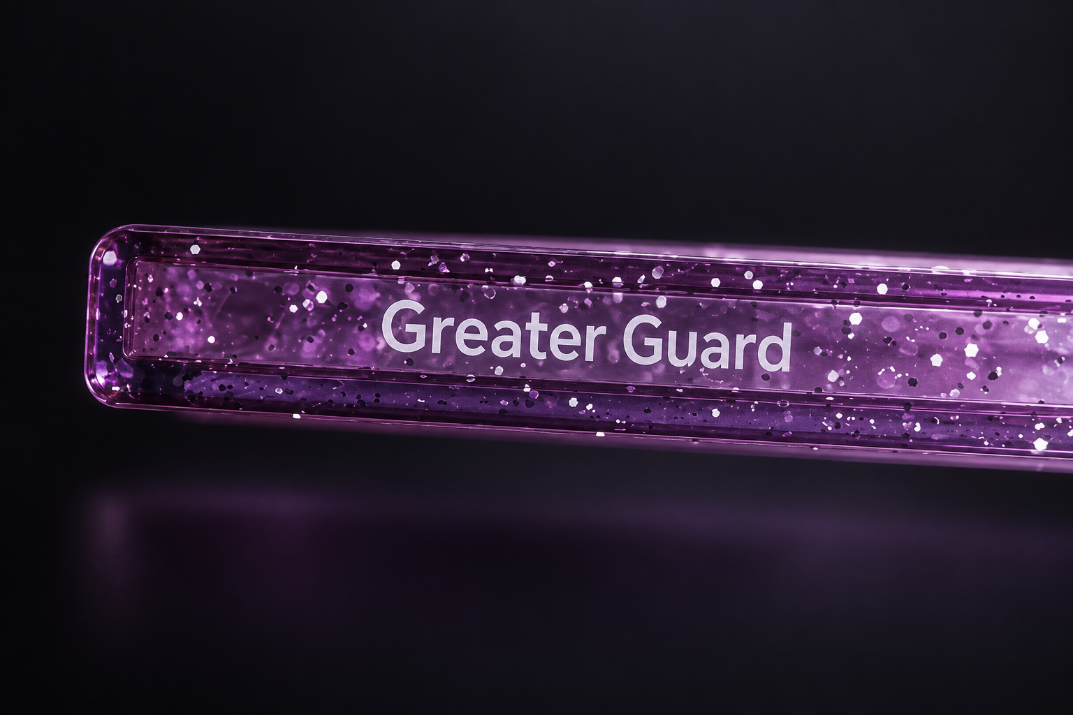 Greater Guard lettering on the side of a translucent purple guard